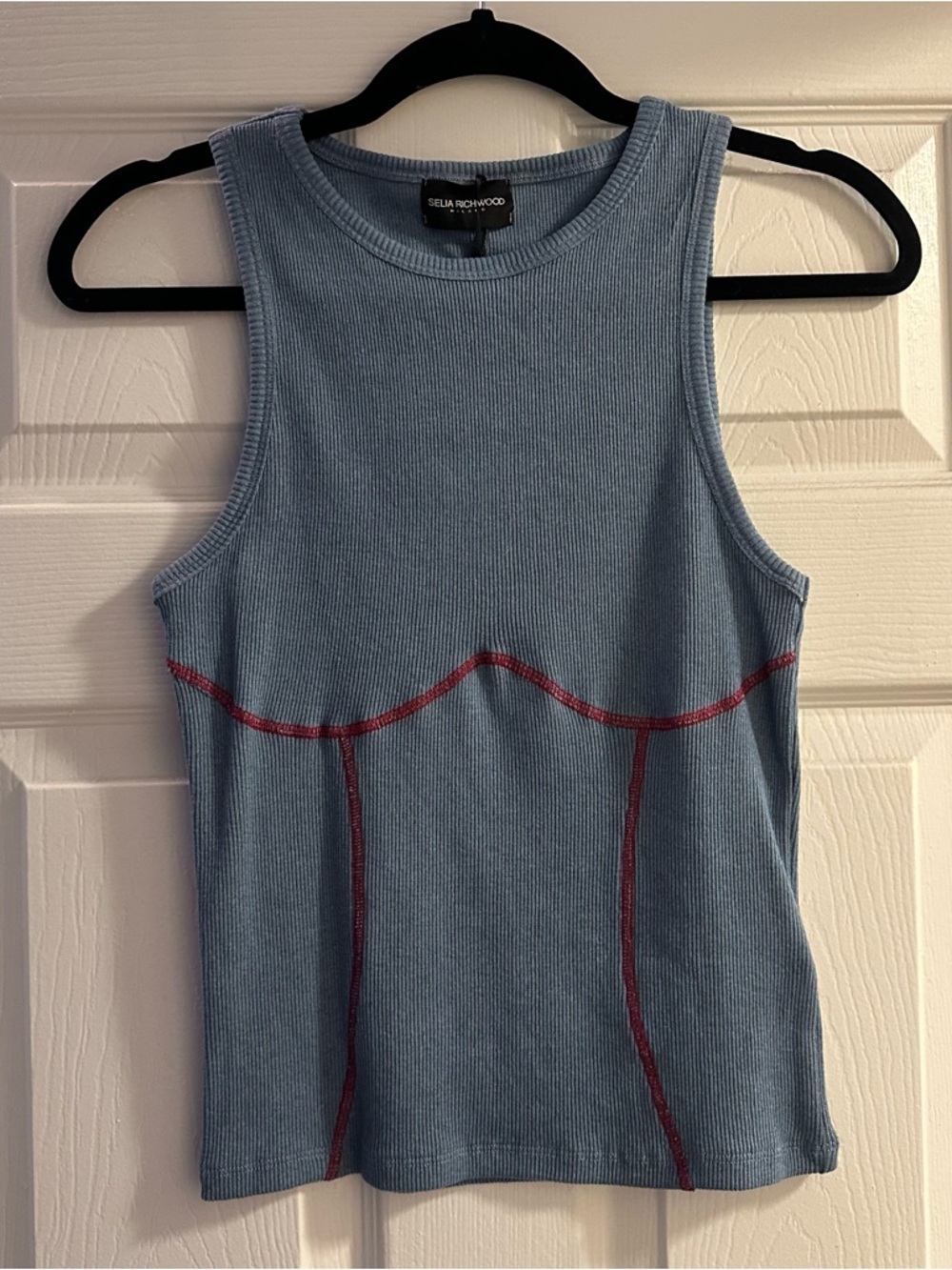 Selia Richwood Blue Ribbed Tank with Contrast Stitching